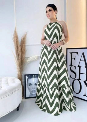 Vestido Longo Estampa Listrada com Amarração no Pescoço Hellen