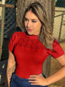 Blusa Feminina Tricot Manga Curta Gola Alta Drica