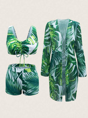 SHEIN VCAY Conjunto de Maiô Bikini Feminino com Estampa Tropical de Planta com Shorts Cheeky Amarrados na Frente, Kimono Manga Longa para Cobertura na Praia