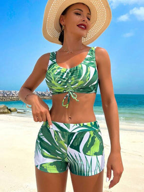 SHEIN VCAY Conjunto de Maiô Bikini Feminino com Estampa Tropical de Planta com Shorts Cheeky Amarrados na Frente, Kimono Manga Longa para Cobertura na Praia