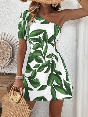 SHEIN VCAY Vestido de cintura recortada e um ombro só com Estampa de Plantas para Férias de Verão