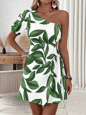 SHEIN VCAY Vestido de cintura recortada e um ombro só com Estampa de Plantas para Férias de Verão