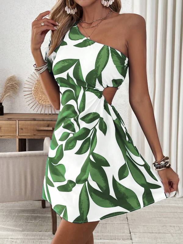 SHEIN VCAY Vestido de cintura recortada e um ombro só com Estampa de Plantas para Férias de Verão