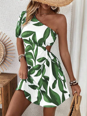 SHEIN VCAY Vestido de cintura recortada e um ombro só com Estampa de Plantas para Férias de Verão