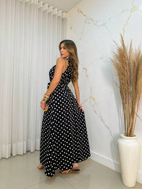 vestido long  com cinto de bolinhas traseira do buraco fechadura