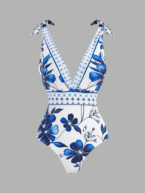 SHEIN Swim Oasis Conjunto de maiô de uma peça e saia de cobertura com estampa floral, nó de ombro e ideal para as férias de verão das mulheres na praia