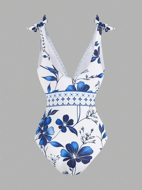 SHEIN Swim Oasis Conjunto de maiô de uma peça e saia de cobertura com estampa floral, nó de ombro e ideal para as férias de verão das mulheres na praia