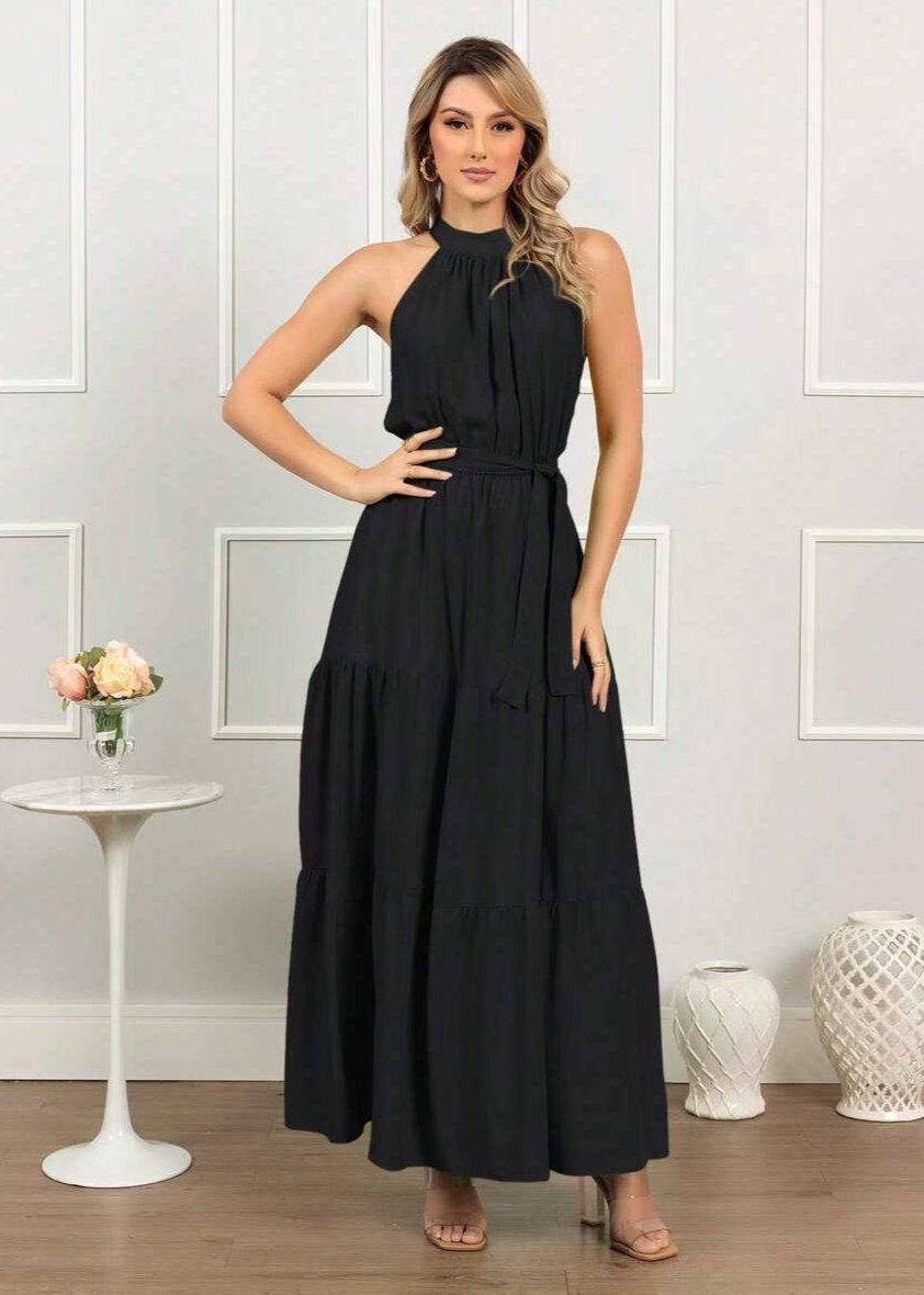 Vestido Longo com Amarração no Pescoço Stella