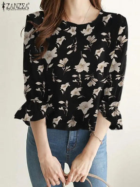 Blusa Feminina Floral Manga 3/4 Bufante Tamara