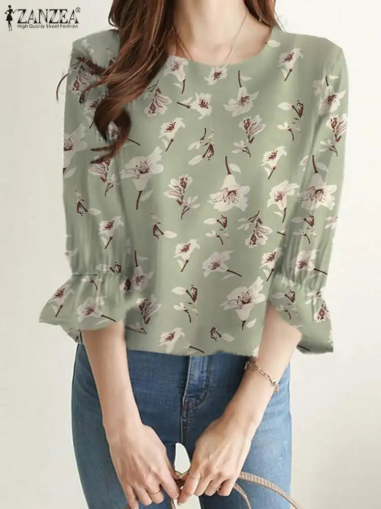 Blusa Feminina Floral Manga 3/4 Bufante Tamara