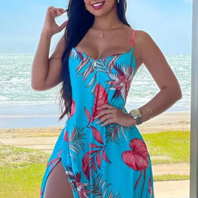 Vestido Estampa Tropical com Fenda e Alça Maria