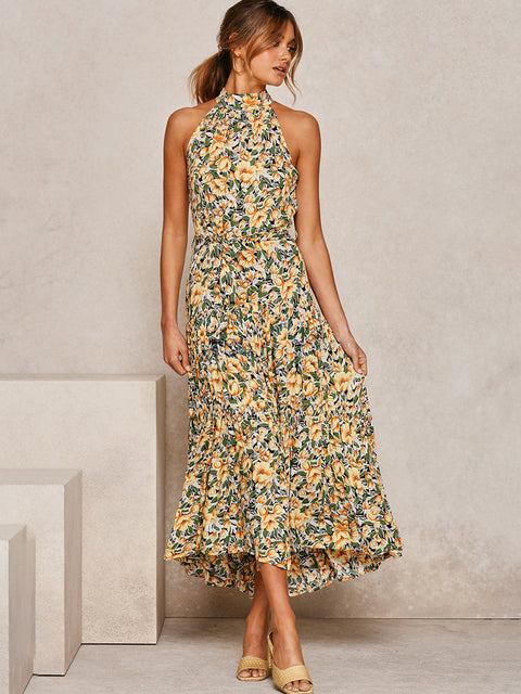 Vestido Longo Gola Alta Amarração no Pescoço Floral