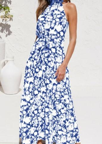 Vestido Longo Gola Alta Amarração no Pescoço Floral