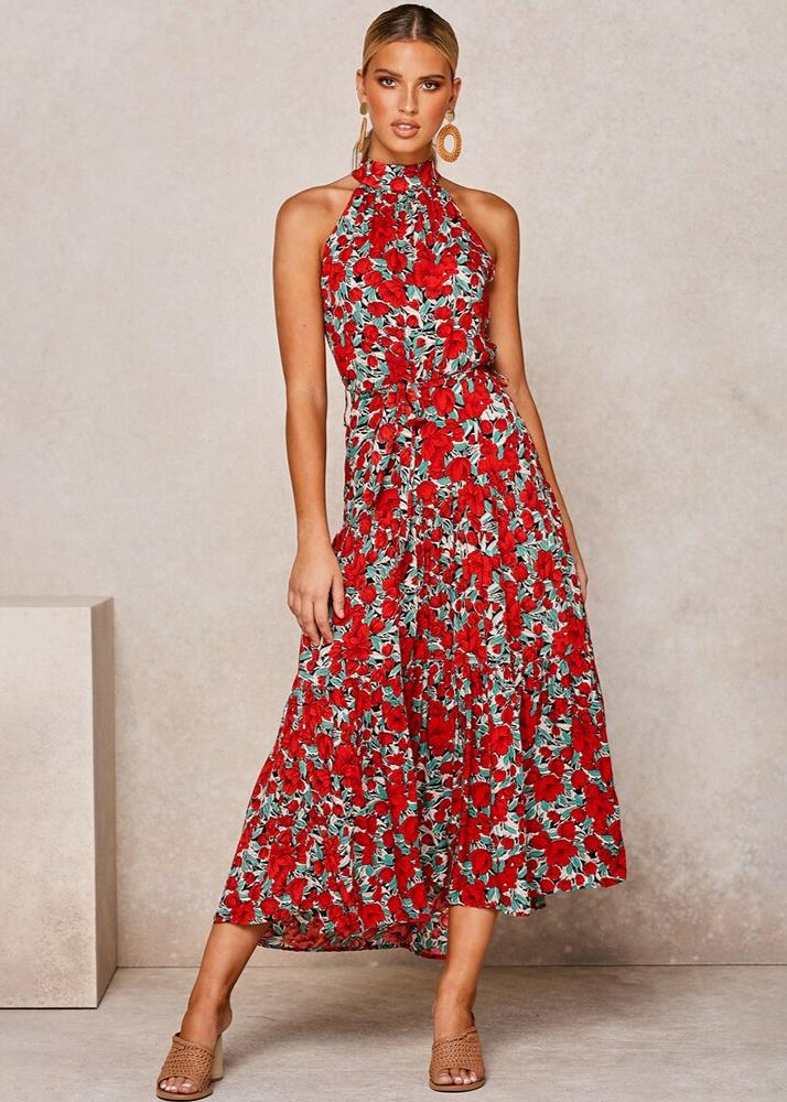 Vestido Longo Gola Alta Amarração no Pescoço Floral